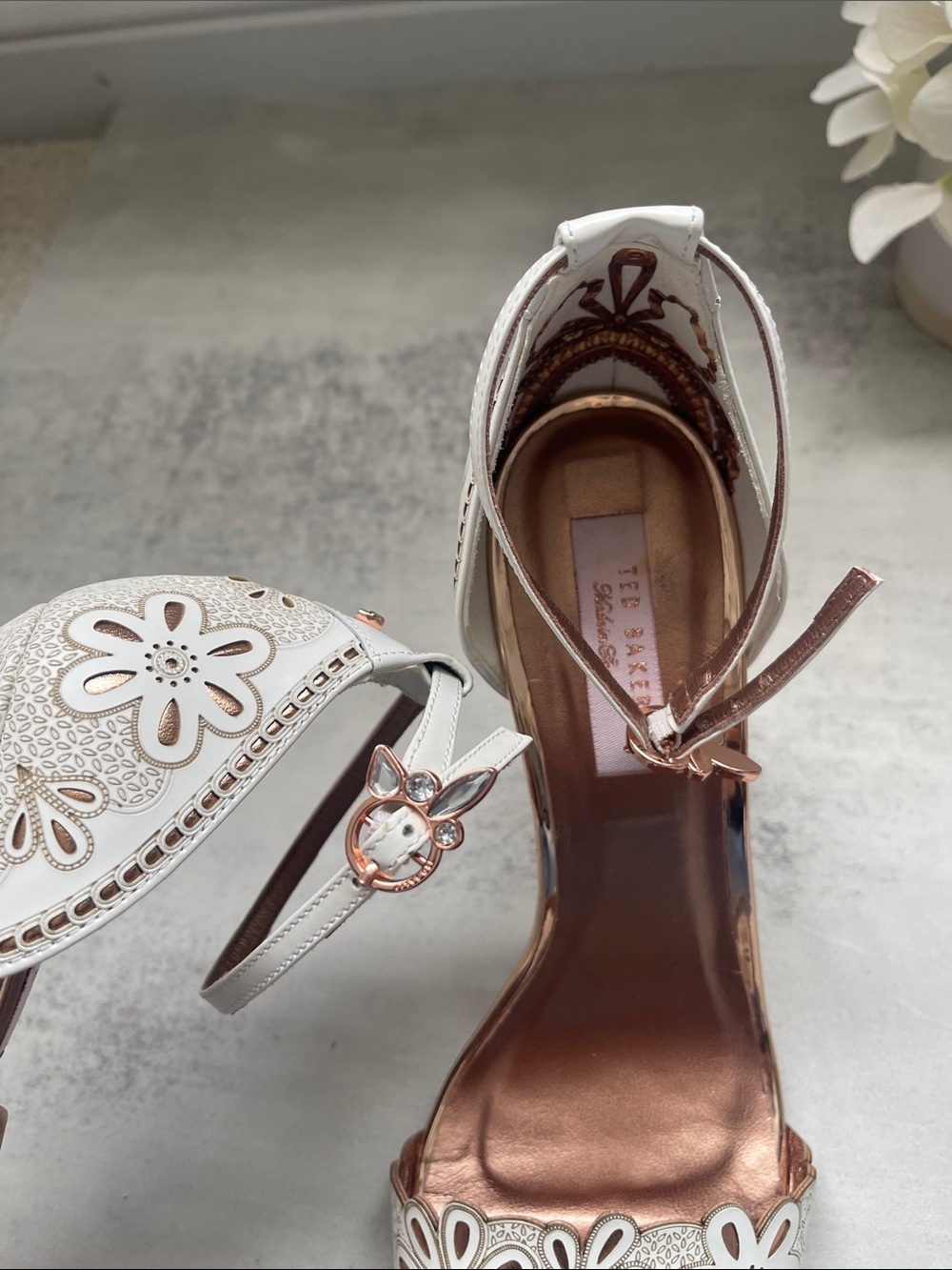 Ted Baker Cimaa Ivory and Rose Gold Laser Cut Floral Stiletto Heeled Sandal - Picture 9 of 10